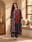 bhavini–navy-blue–rust-printed–kurta-set–front-pose–heritage-staircase–festive-ethnicwear