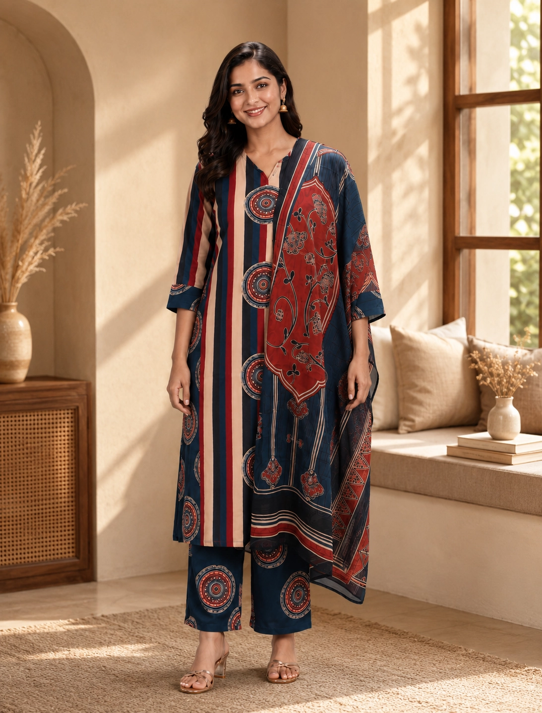 bhavini–navy-blue–rust-printed–kurta-set–dupatta-detail–front-view–window-side-lounge–casual-occasion