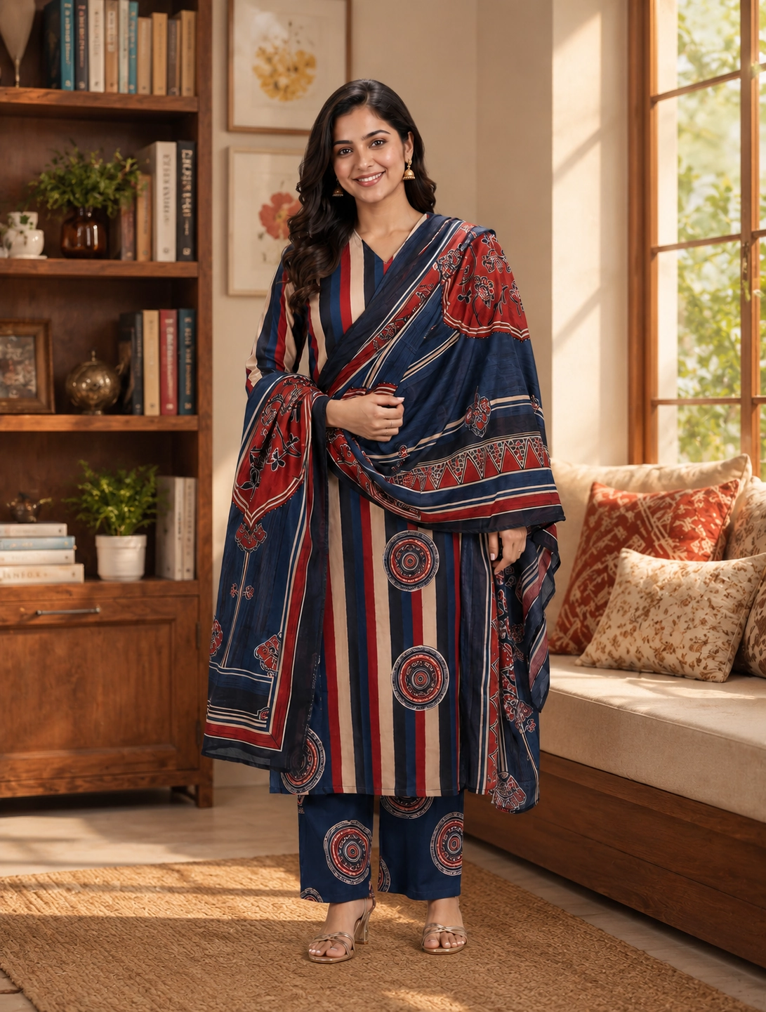 bhavini–navy-blue–rust-printed–kurta-set–dupatta-drape–front-view–bookshelf-lounge–ethnic-lifestyle