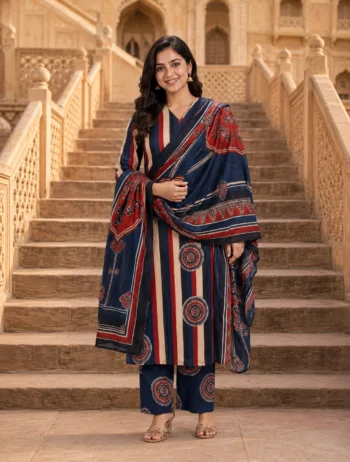 Navy Blue Multicolor Printed 3-Piece Kurta Pant & Dupatta Set