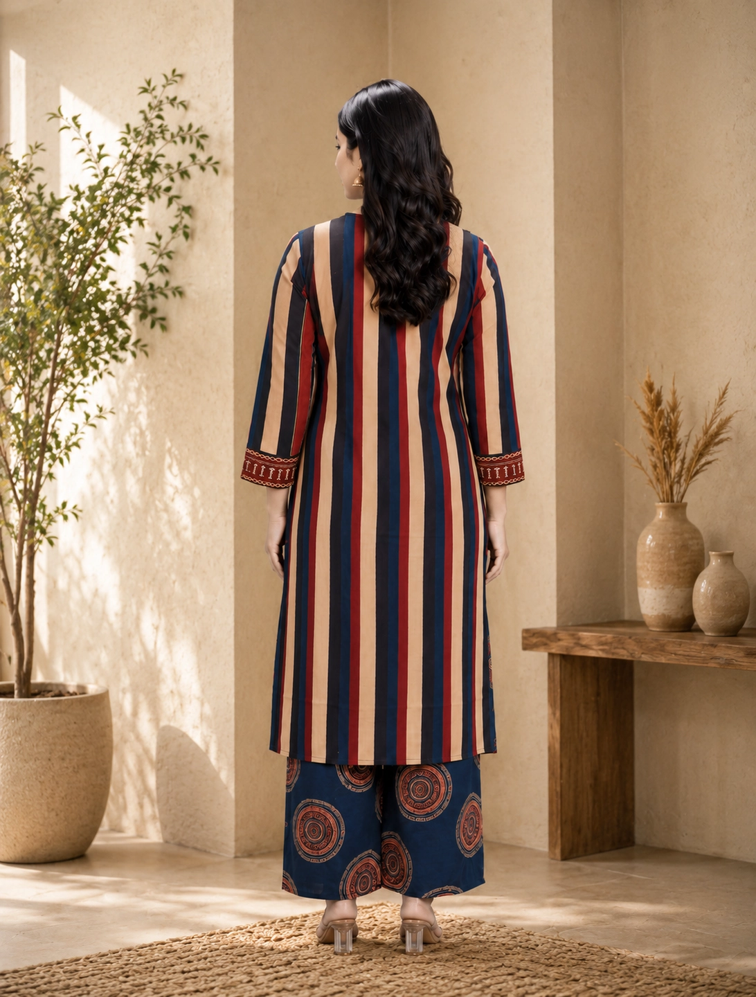bhavini–navy-blue–rust-striped–kurta-set–back-view–textured-home-corner–ethnic-lifestyle