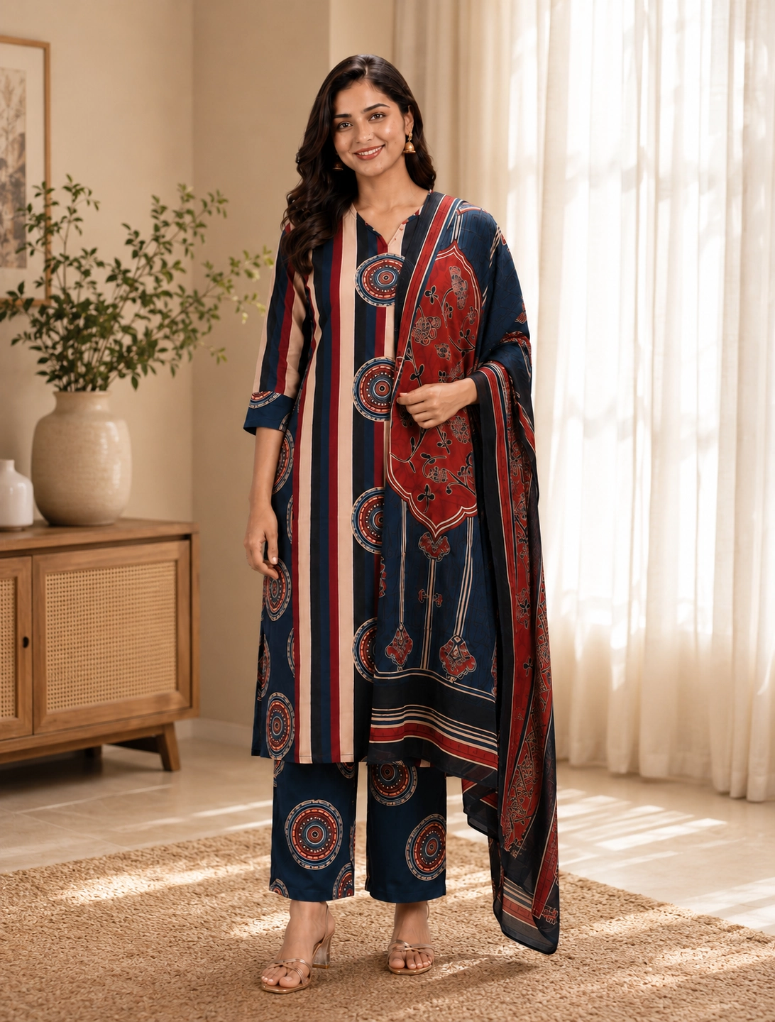 bhavini–navy-blue–rust-striped–kurta-set–dupatta-detail–front-view–light-filled-room-with-sheer-curtains–everyday-elegance
