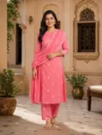 bhavini–pink–white-bandhani-print–kurta-set–dupatta-detail–front-view–heritage-courtyard–festive-wear