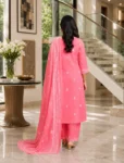 bhavini–pink–white-bandhani-print–kurta-set–dupatta-detail–front-view–heritage-courtyard–festive-wear