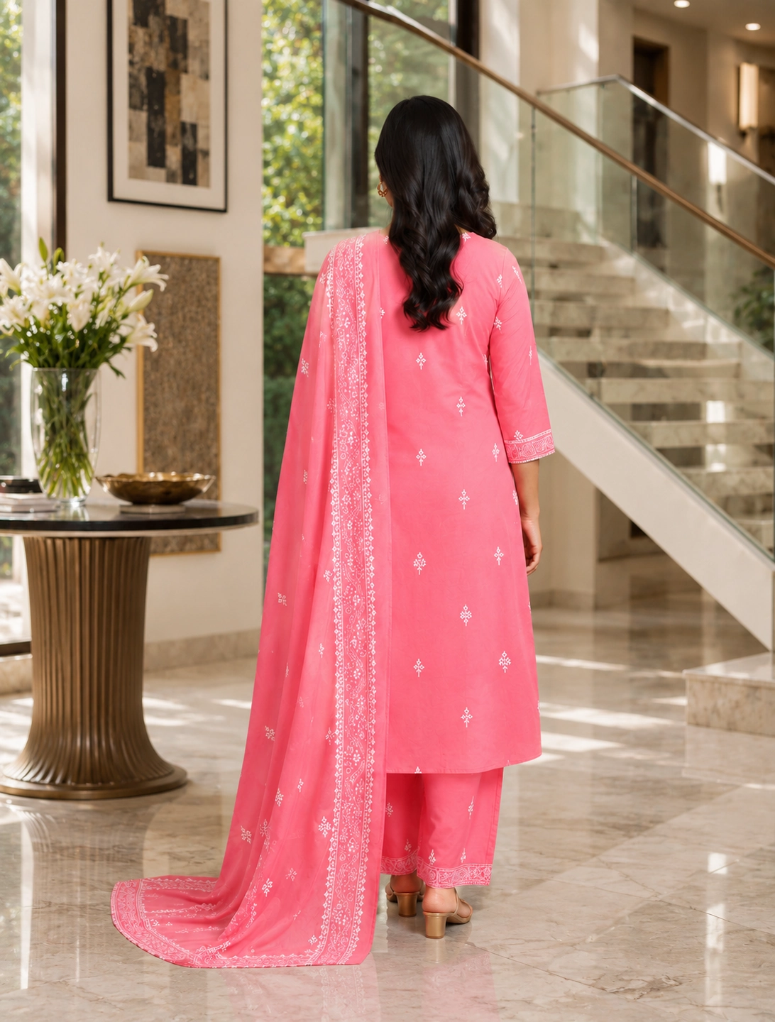 bhavini–pink–white-bandhani-print–kurta-set–back-view–luxury-interior–festive-wear