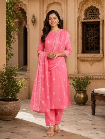 Pink Printed 3-Piece Pure Cotton Kurta Pant & Dupatta Set