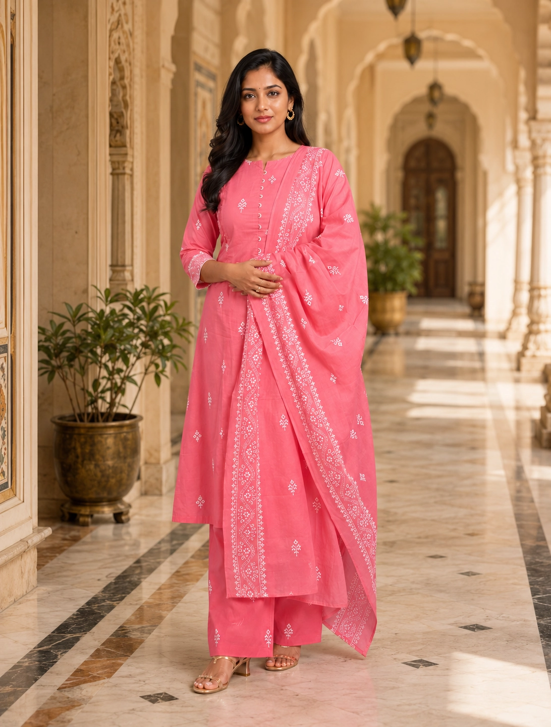 bhavini–pink–white-bandhani-print–kurta-set–dupatta-detail–front-view–palace-corridor–festive-wear