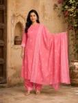 bhavini–pink–white-bandhani-print–kurta-set–dupatta-detail–front-view–heritage-courtyard–festive-wear