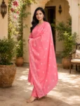 bhavini–pink–white-bandhani-print–kurta-set–dupatta-detail–front-view–heritage-courtyard–festive-wear