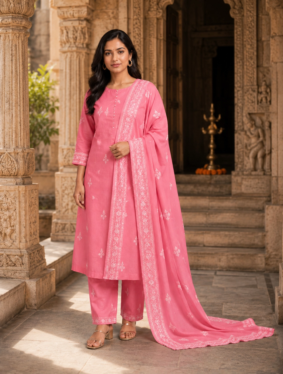 bhavini–pink–white-bandhani-print–kurta-set–long-dupatta-detail–front-view–temple-courtyard–festive-wear