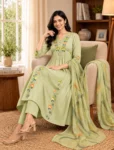 bhavini-sage-green-floral-printed-kurta-set-marble-print-dupatta-front-view-modern-gallery-casual-ethnicwear